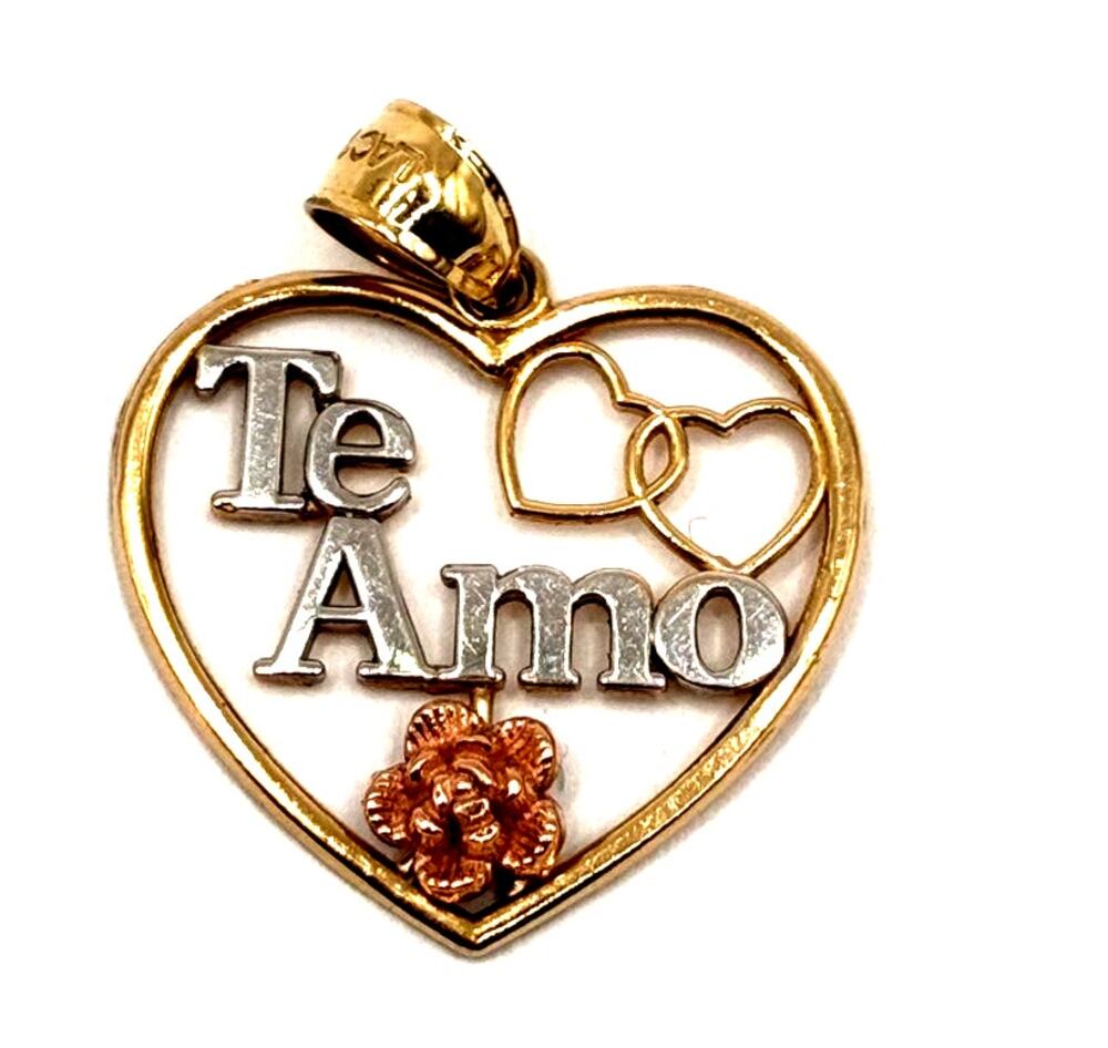 14k Tricolor Gold Heart Pendant / Charm "Te Amo"